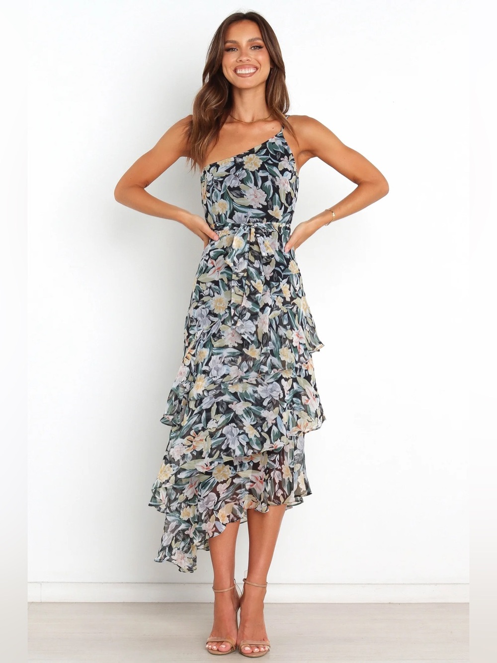 Petal & Pup Black Floral One-Shoulder Tiered Midi Dress